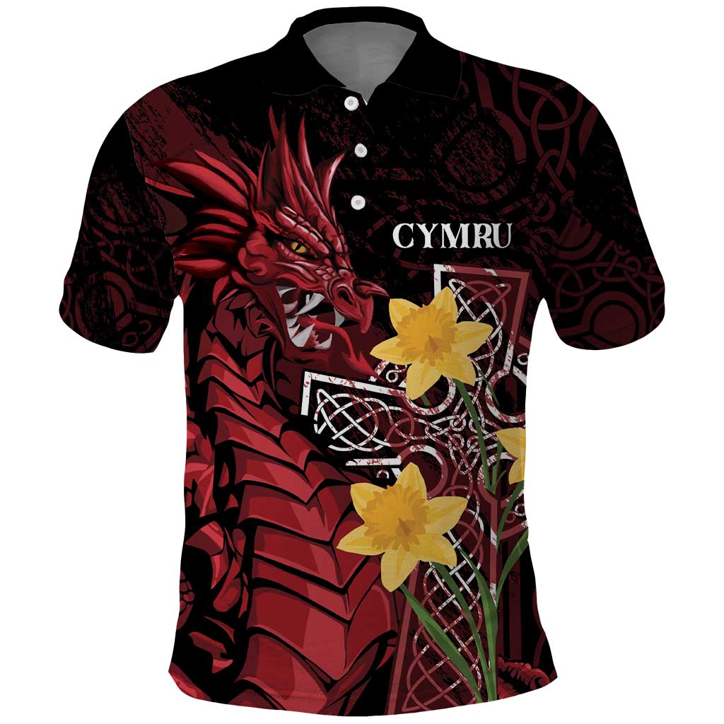 Wales Cymru Am Byth Polo Shirt Welsh Dragon with Celtic Cross LT7