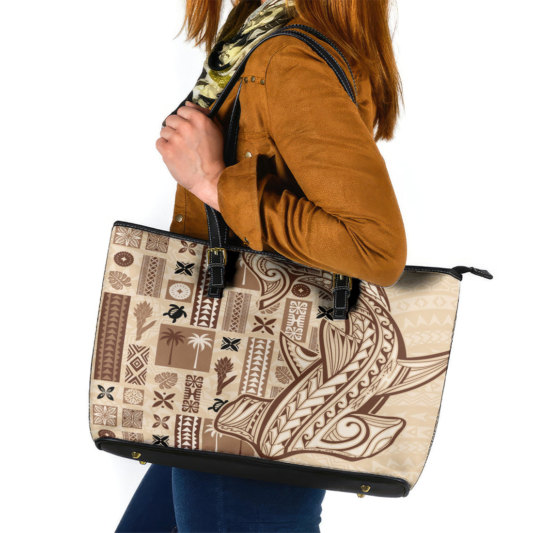 Samoa Tapa Leather Tote Bag Siapo Mix Tatau Patterns LT7