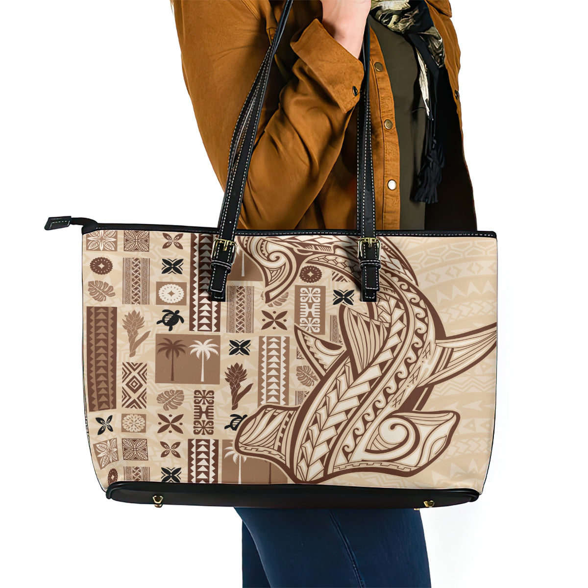 Samoa Tapa Leather Tote Bag Siapo Mix Tatau Patterns LT7