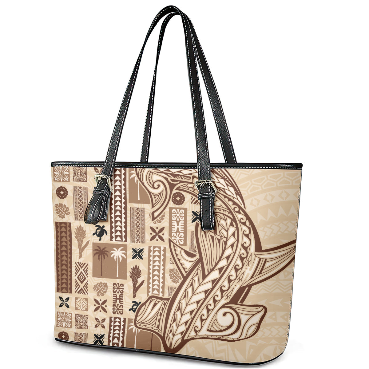 Samoa Tapa Leather Tote Bag Siapo Mix Tatau Patterns LT7