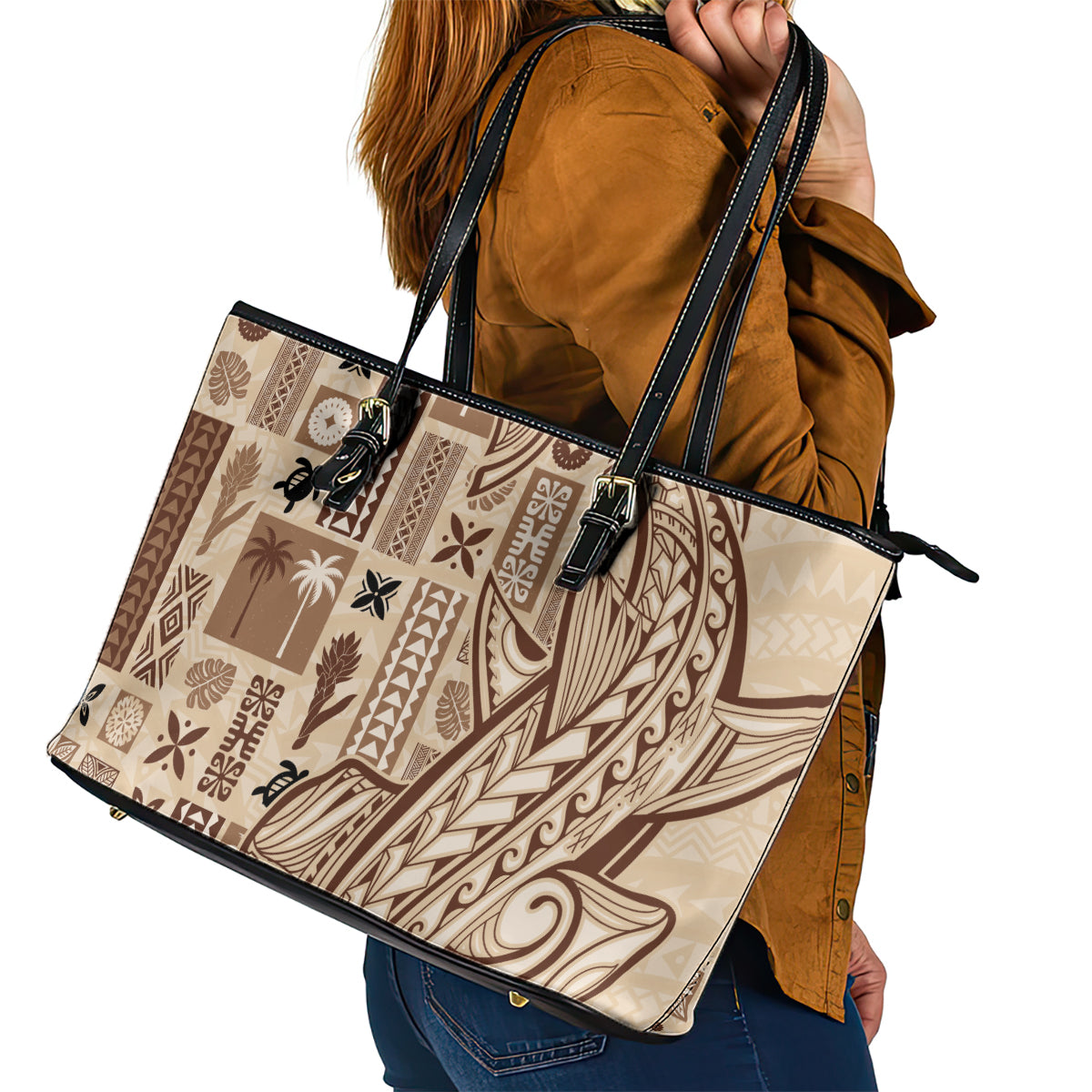 Samoa Tapa Leather Tote Bag Siapo Mix Tatau Patterns LT7