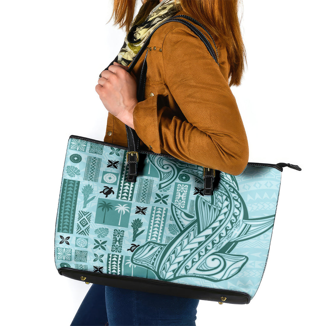 Samoa Tapa Leather Tote Bag Siapo Mix Tatau Patterns - Teal LT7