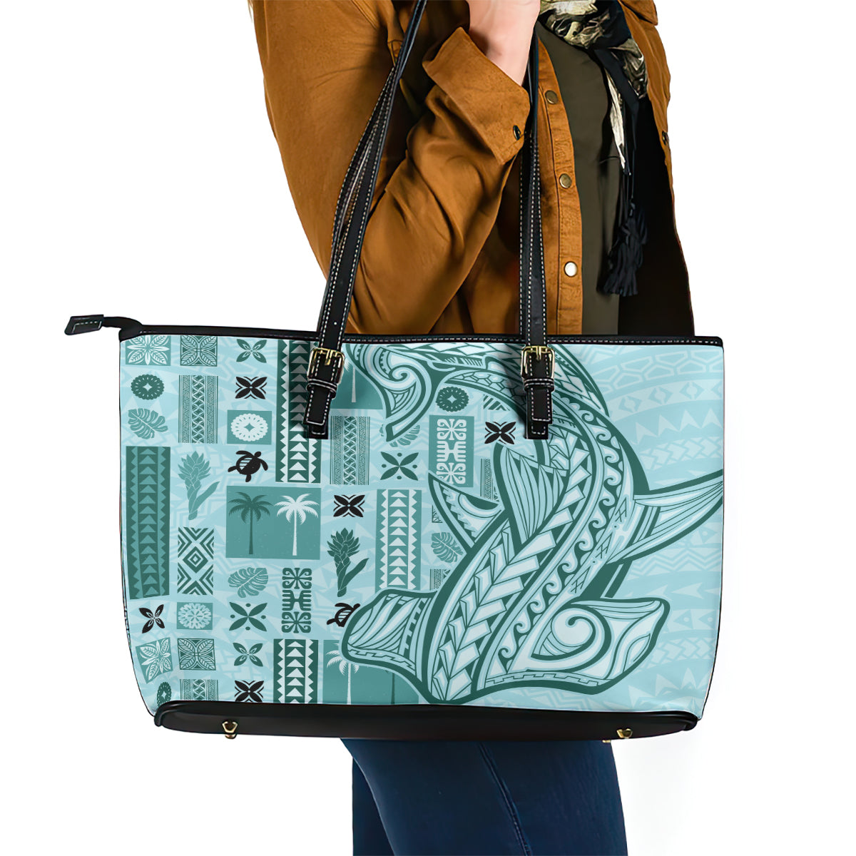 Samoa Tapa Leather Tote Bag Siapo Mix Tatau Patterns - Teal LT7