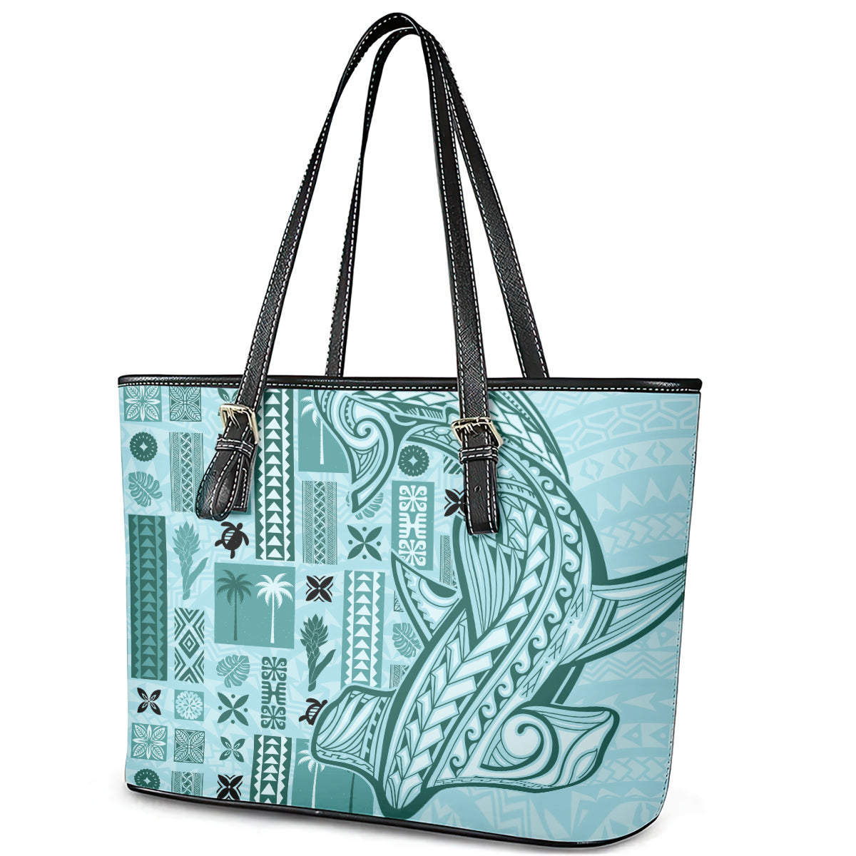 Samoa Tapa Leather Tote Bag Siapo Mix Tatau Patterns - Teal LT7