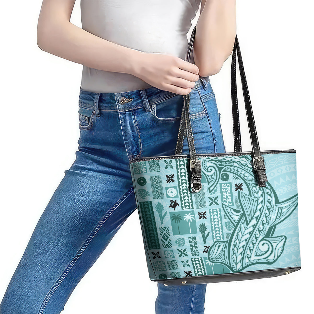 Samoa Tapa Leather Tote Bag Siapo Mix Tatau Patterns - Teal LT7