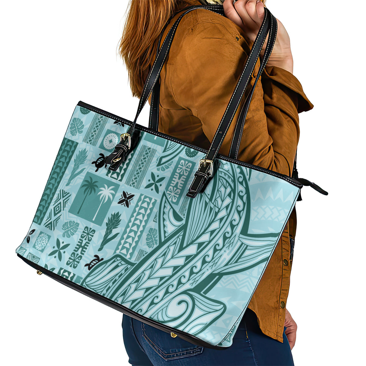 Samoa Tapa Leather Tote Bag Siapo Mix Tatau Patterns - Teal LT7