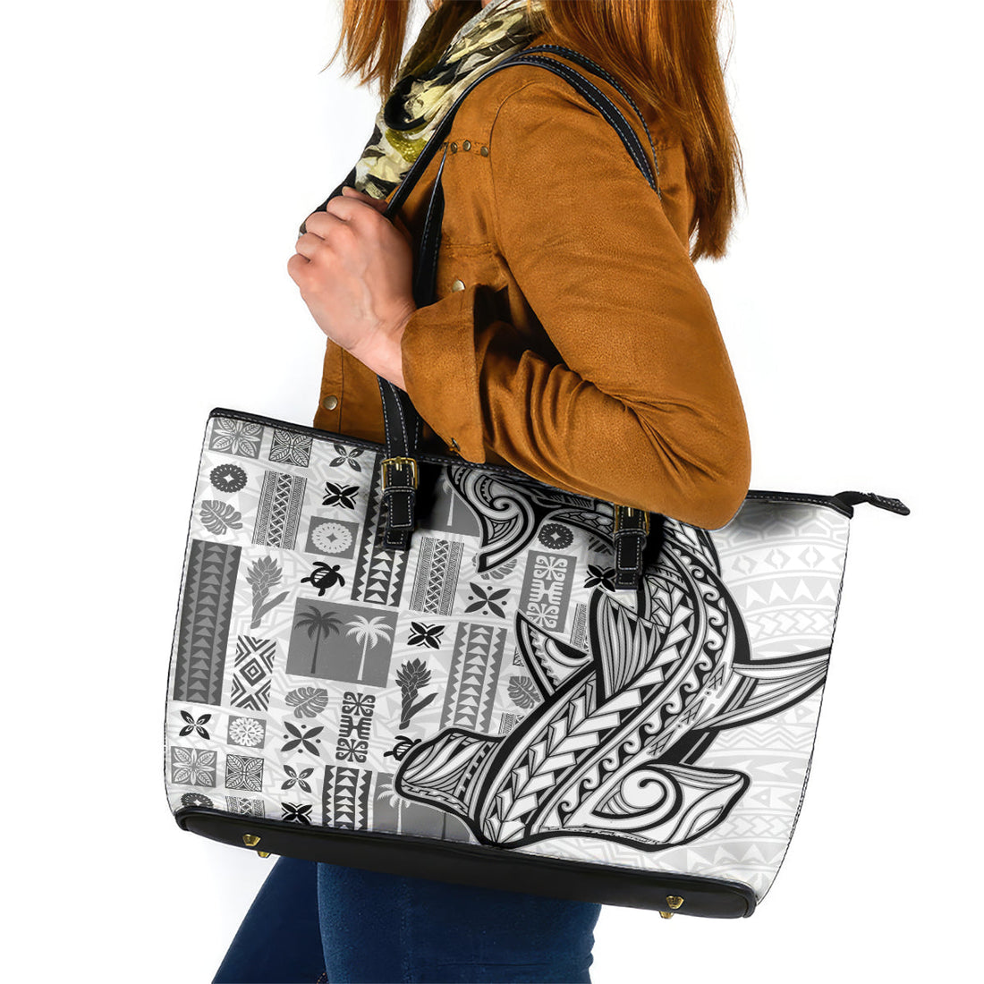 Samoa Tapa Leather Tote Bag Siapo Mix Tatau Patterns - White LT7
