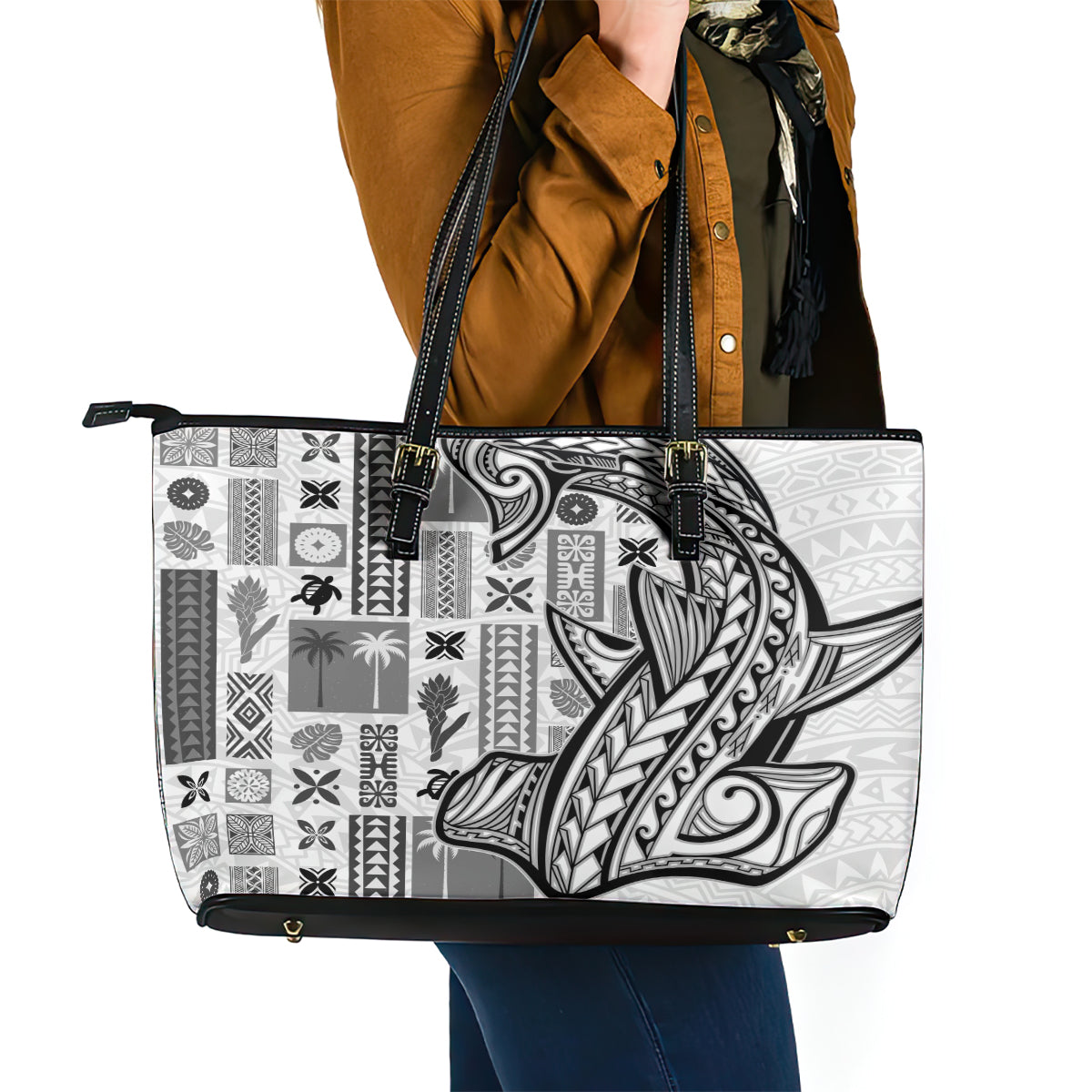 Samoa Tapa Leather Tote Bag Siapo Mix Tatau Patterns - White LT7