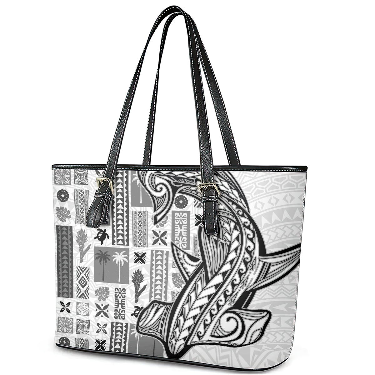 Samoa Tapa Leather Tote Bag Siapo Mix Tatau Patterns - White LT7