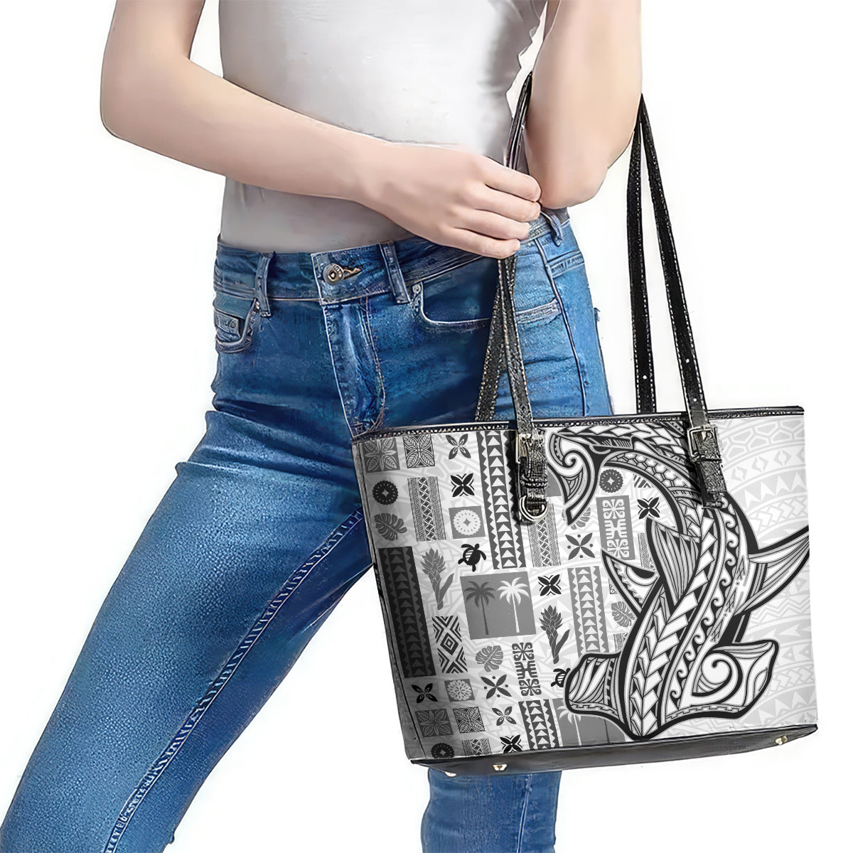 Samoa Tapa Leather Tote Bag Siapo Mix Tatau Patterns - White LT7