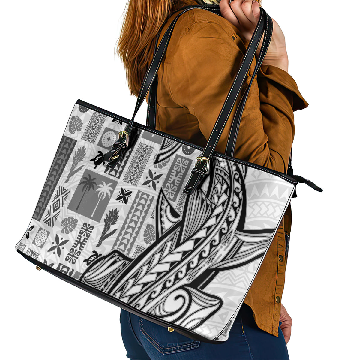 Samoa Tapa Leather Tote Bag Siapo Mix Tatau Patterns - White LT7