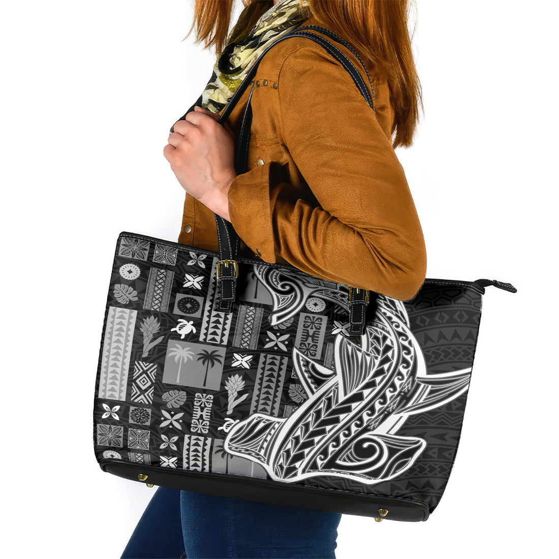 Samoa Tapa Leather Tote Bag Siapo Mix Tatau Patterns - Black LT7