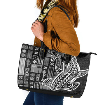 Samoa Tapa Leather Tote Bag Siapo Mix Tatau Patterns - Black LT7
