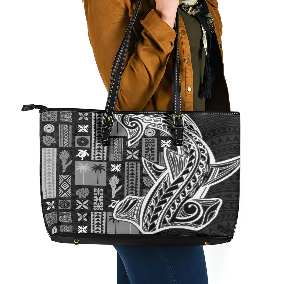 Samoa Tapa Leather Tote Bag Siapo Mix Tatau Patterns - Black LT7
