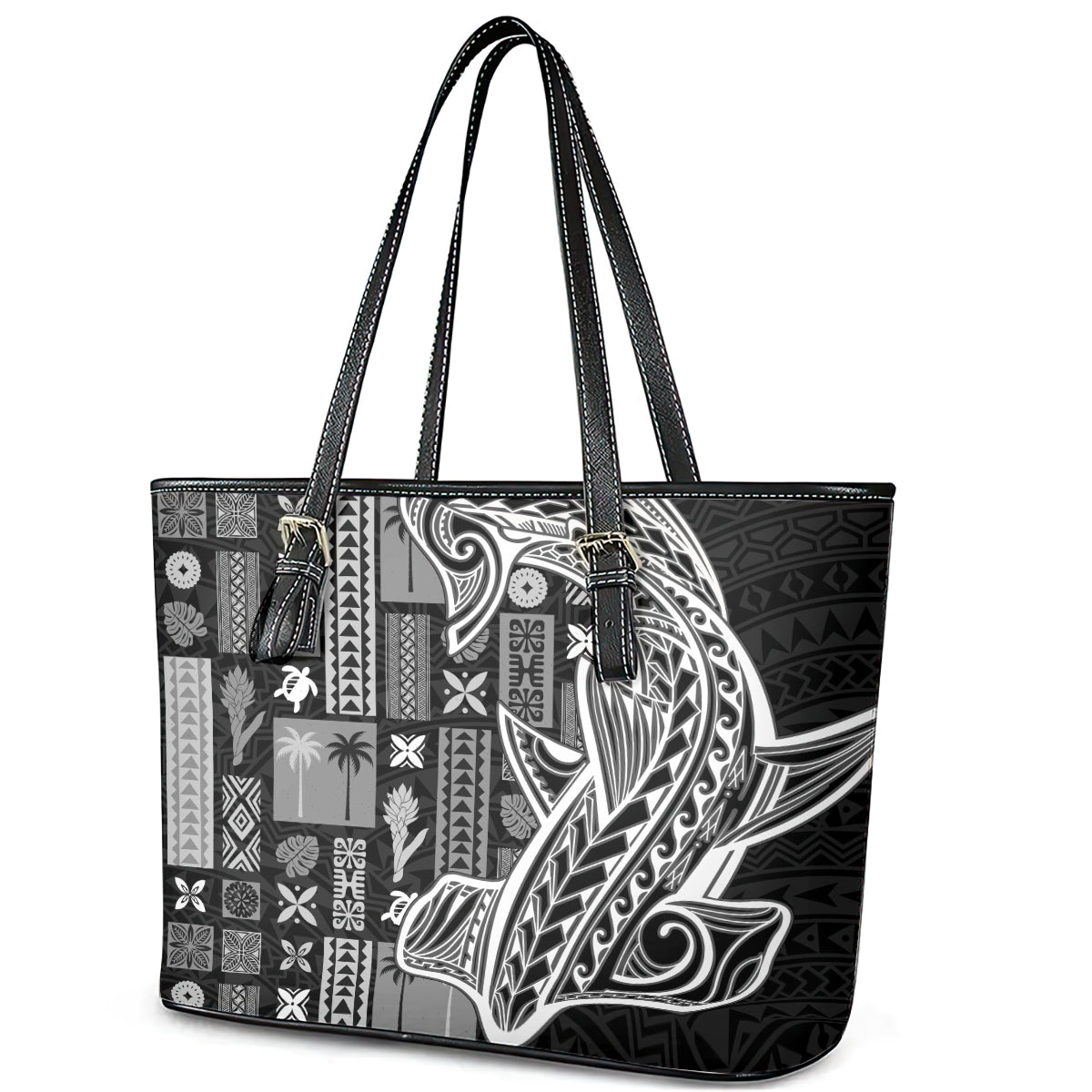 Samoa Tapa Leather Tote Bag Siapo Mix Tatau Patterns - Black LT7