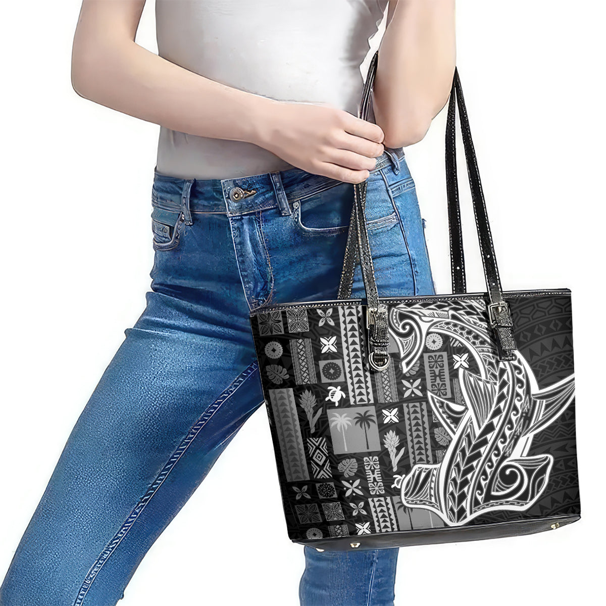 Samoa Tapa Leather Tote Bag Siapo Mix Tatau Patterns - Black LT7