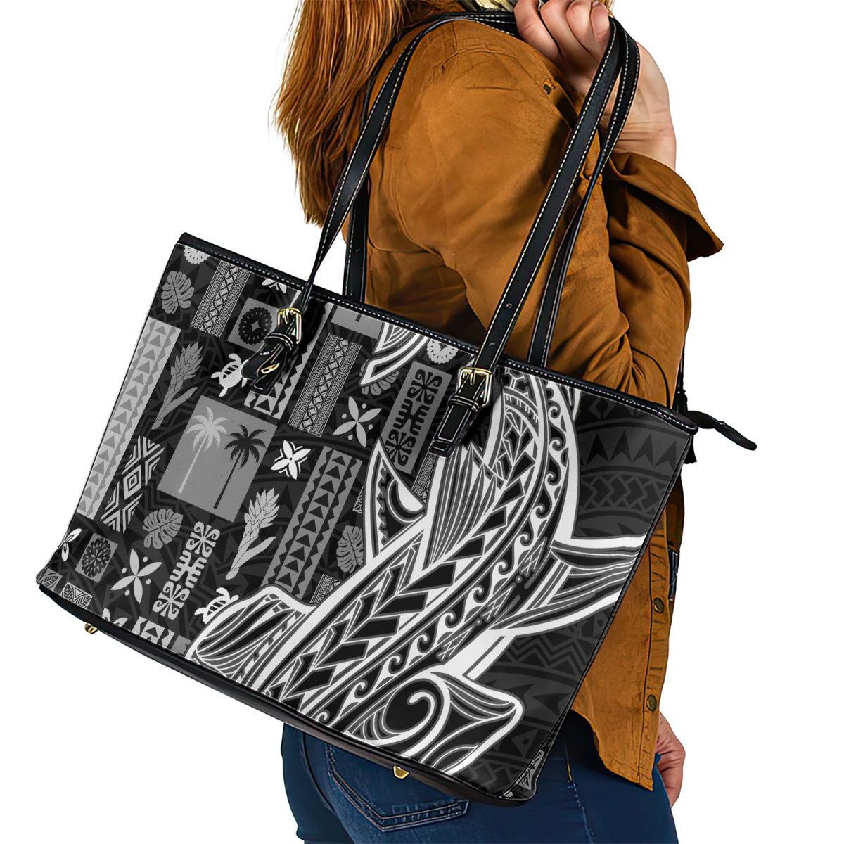 Samoa Tapa Leather Tote Bag Siapo Mix Tatau Patterns - Black LT7