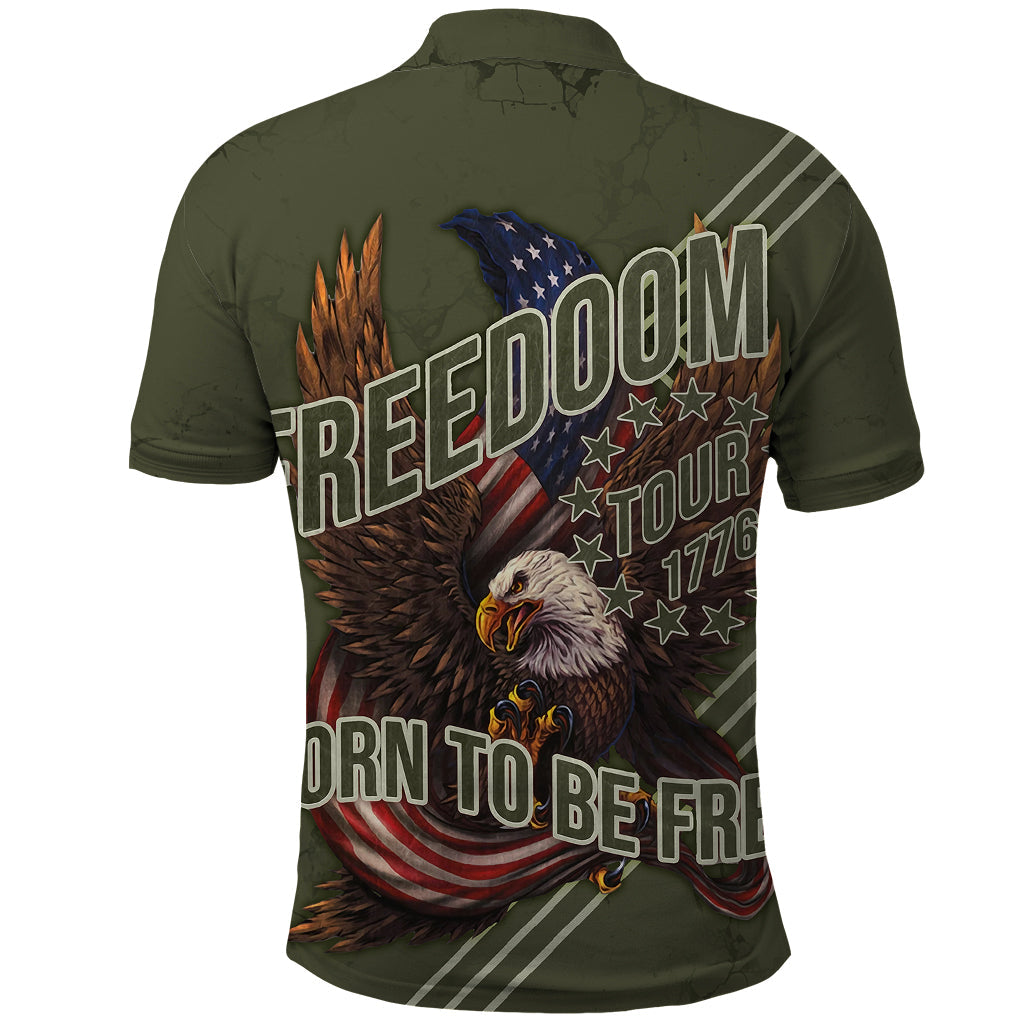 USA Bald Eagle Freedom Tour 1776 Born To Be Free Polo Shirt Olive Grunge Style LT7