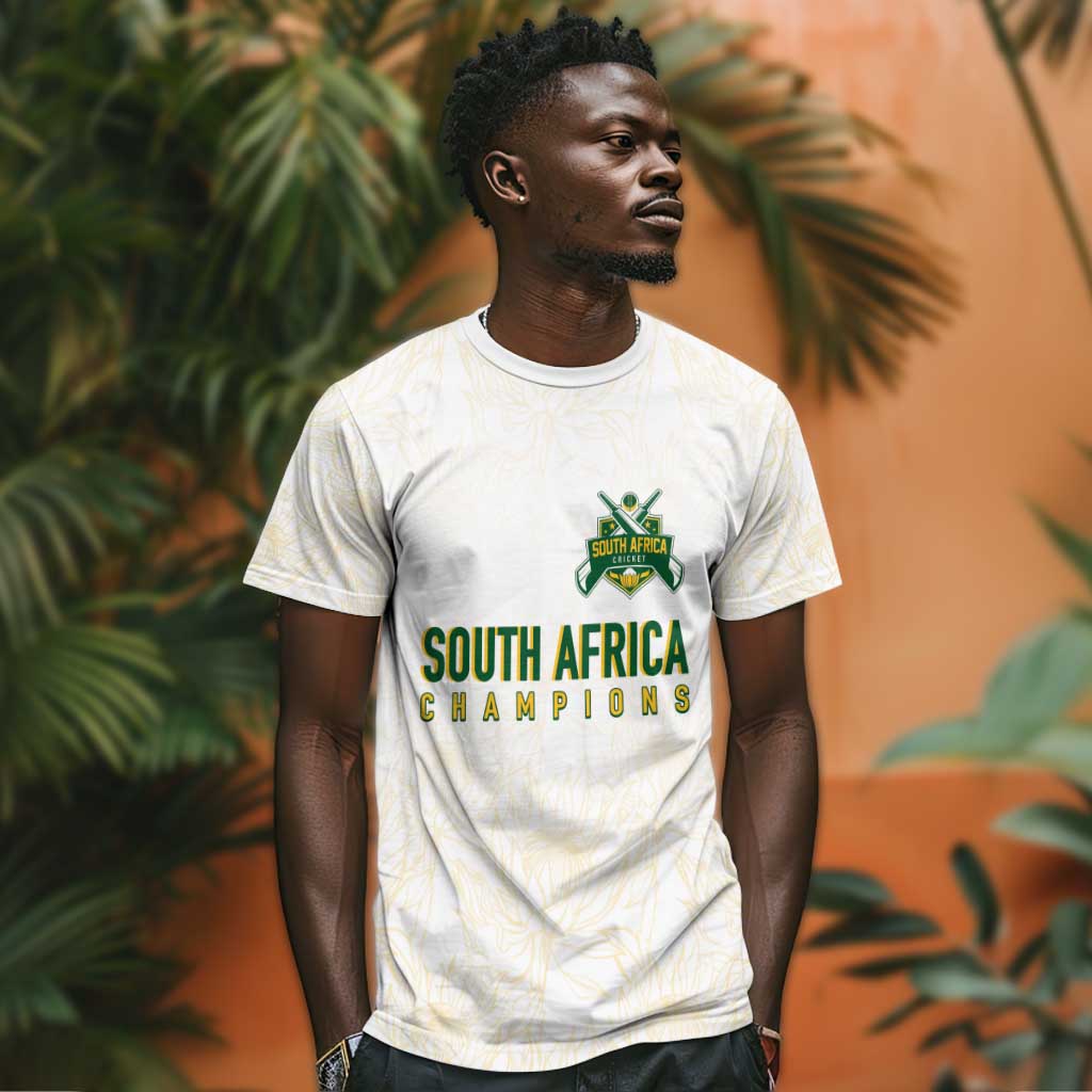 Custom South Africa Cricket Champion T shirt Gold Proteas - All White LT7