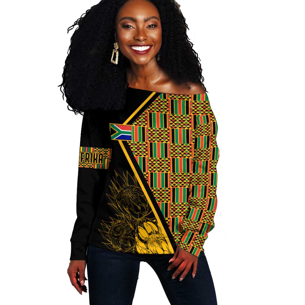 Personalised South African Heritage Day Off Shoulder Sweater Kente Ethnic Patterns Mix Protea LT7