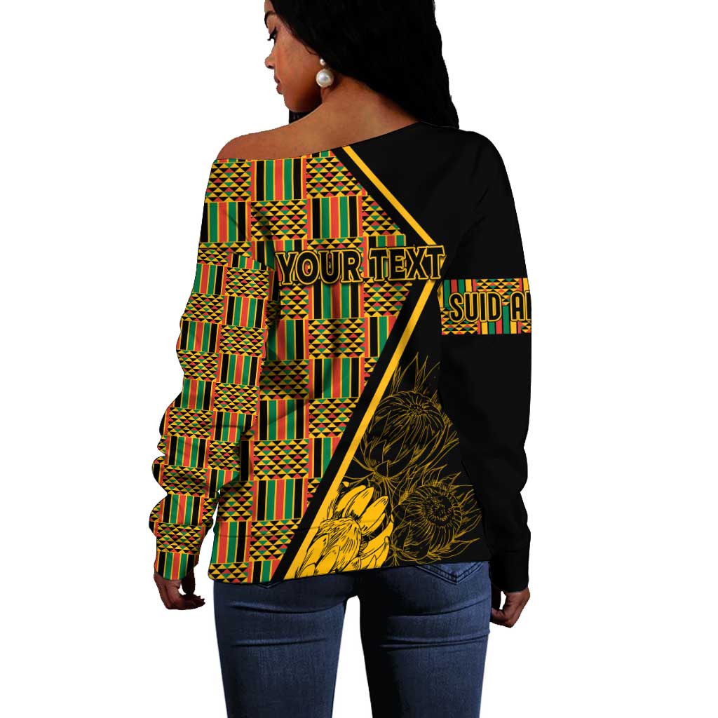 Personalised South African Heritage Day Off Shoulder Sweater Kente Ethnic Patterns Mix Protea LT7