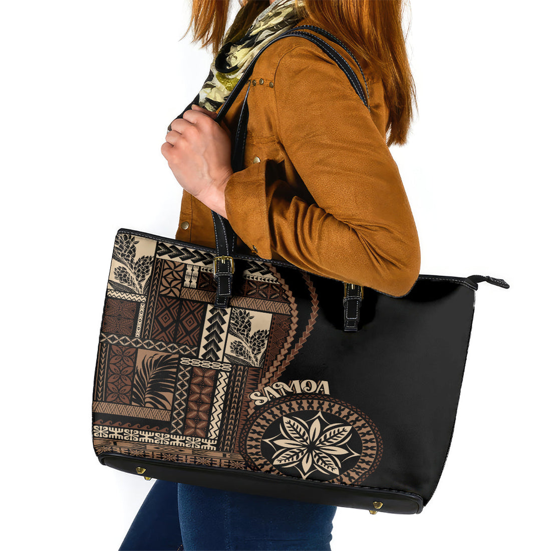Samoa Siapo Motif Leather Tote Bag Classic Style - Black Ver LT7