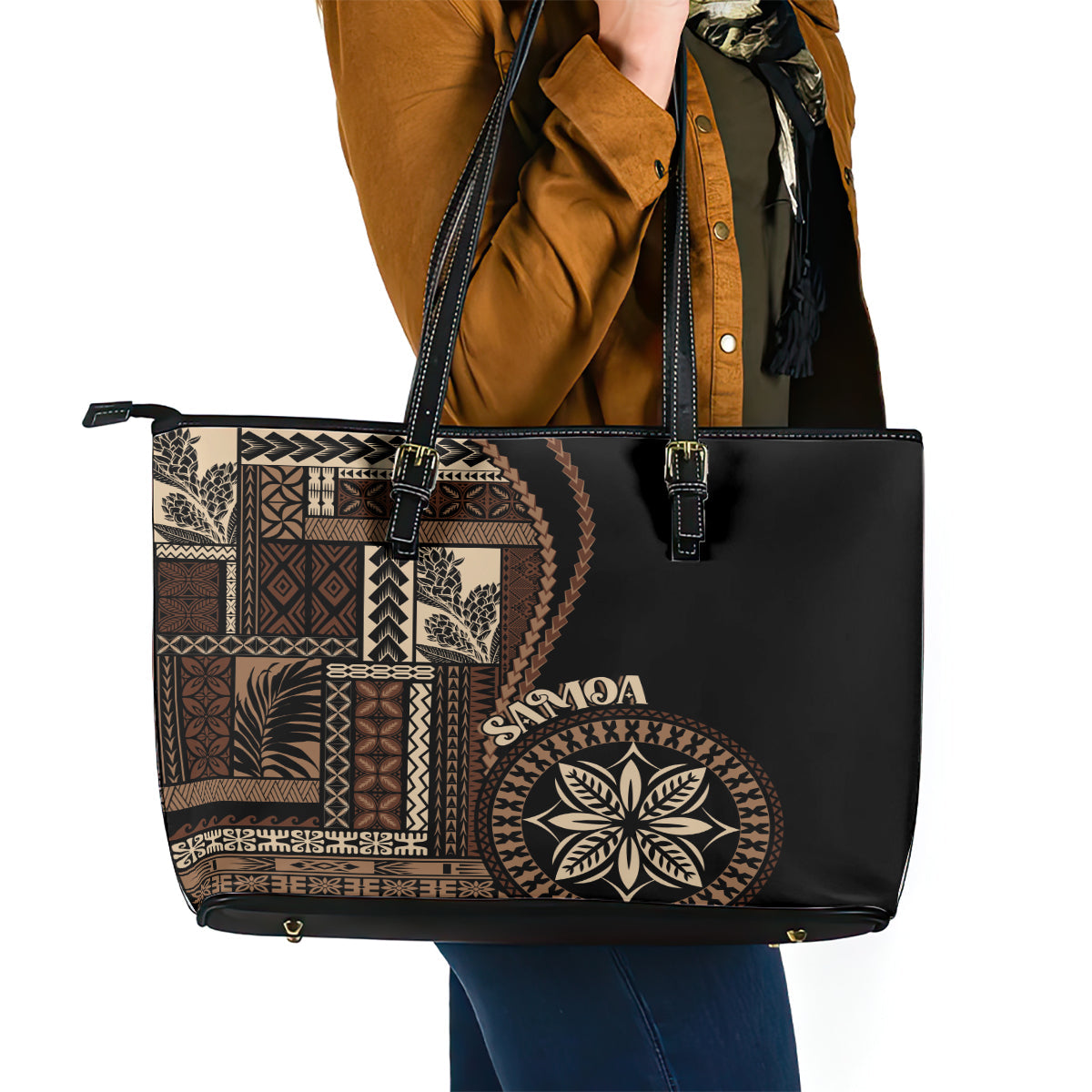 Samoa Siapo Motif Leather Tote Bag Classic Style - Black Ver LT7