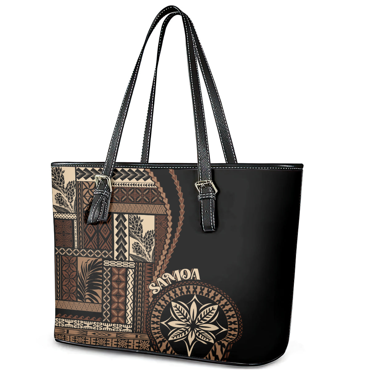 Samoa Siapo Motif Leather Tote Bag Classic Style - Black Ver LT7