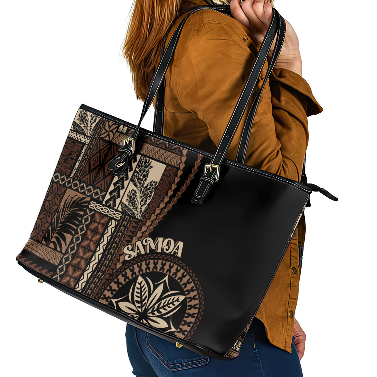 Samoa Siapo Motif Leather Tote Bag Classic Style - Black Ver LT7