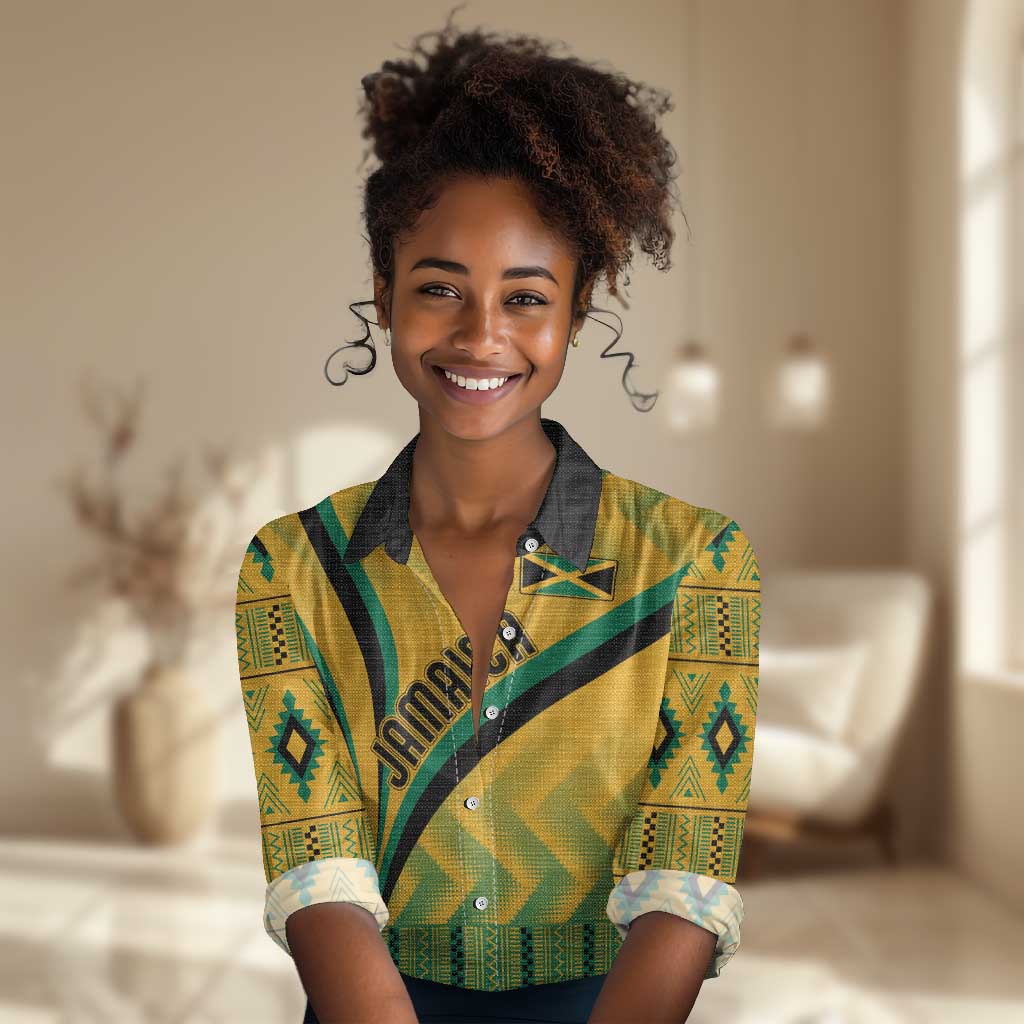 Personalised Jamaica Women Casual Shirt Kente Pattern Basic - Yellow LT7