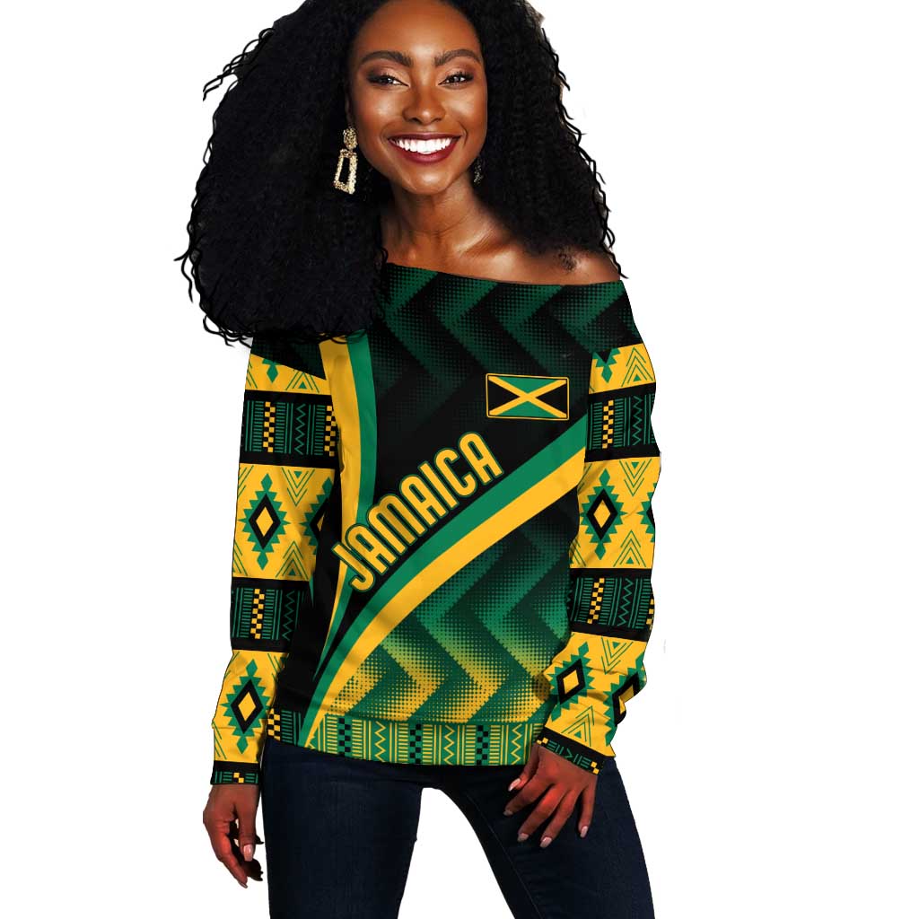 Personalised Jamaica Off Shoulder Sweater Kente Pattern Basic - Black LT7