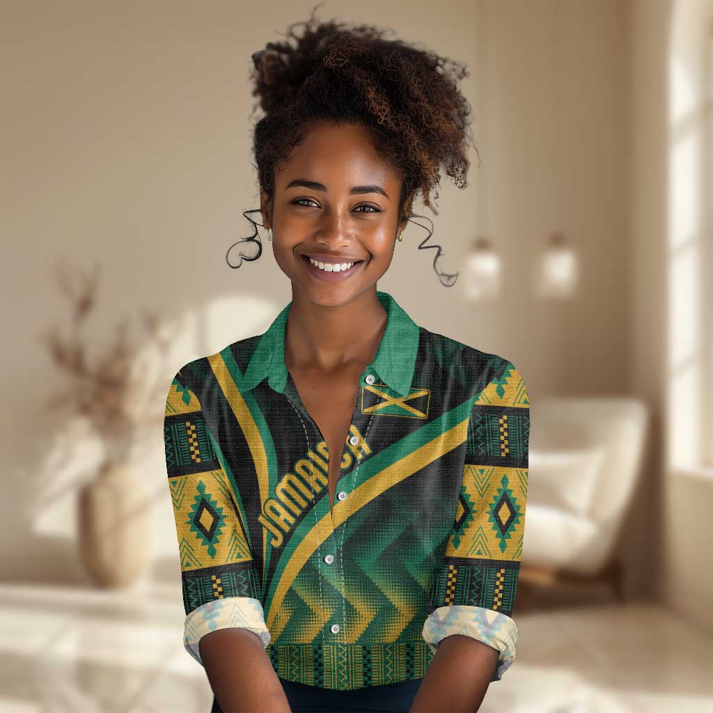 Personalised Jamaica Women Casual Shirt Kente Pattern Basic - Black LT7