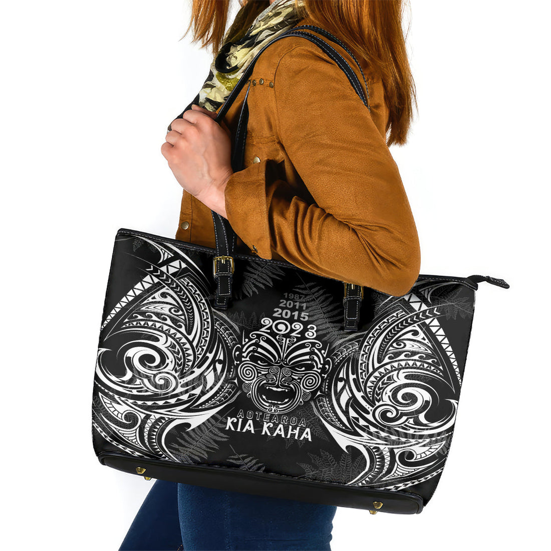 Custom New Zealand Rugby Leather Tote Bag 2023 World Cup Aotearoa Haka Face LT7