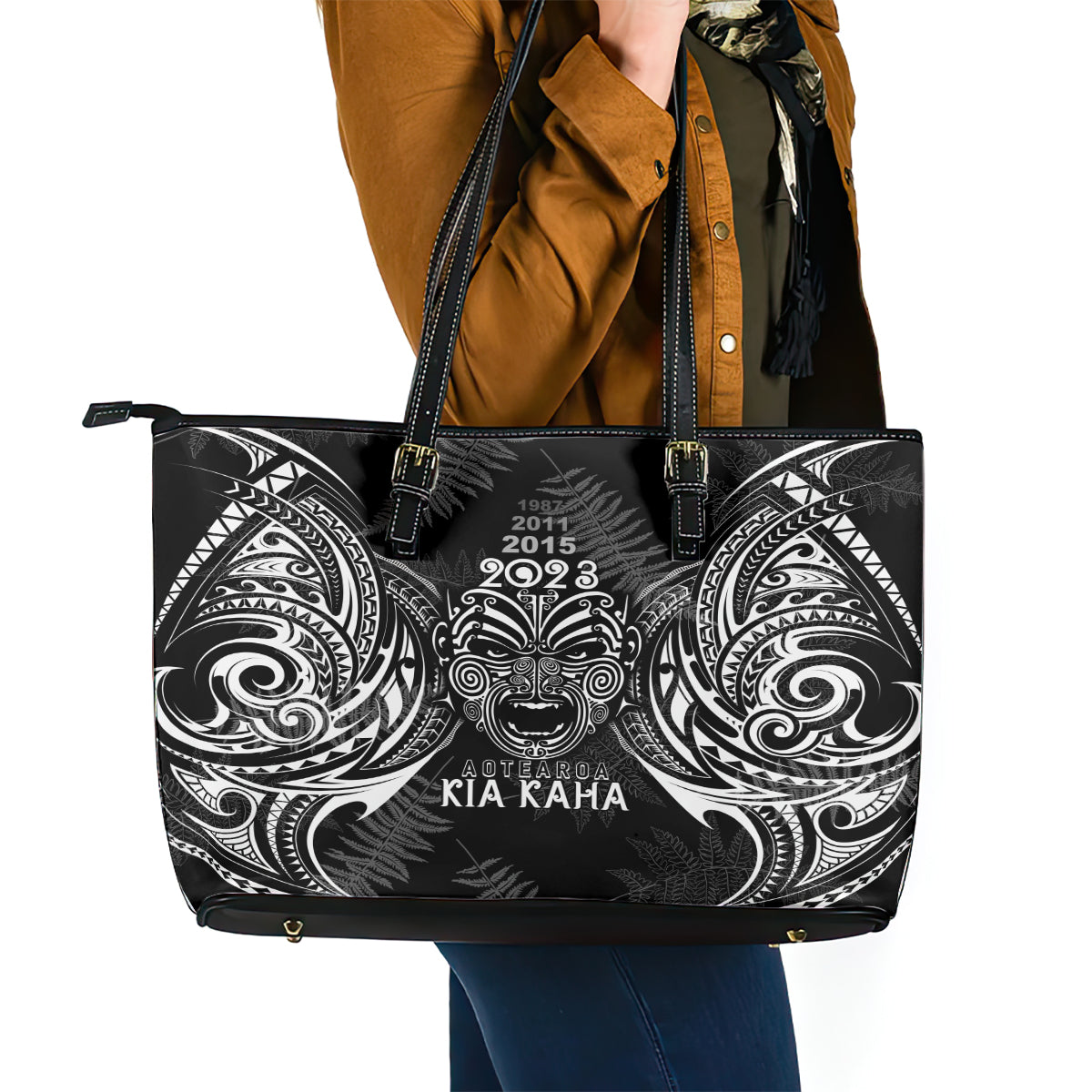 Custom New Zealand Rugby Leather Tote Bag 2023 World Cup Aotearoa Haka Face LT7