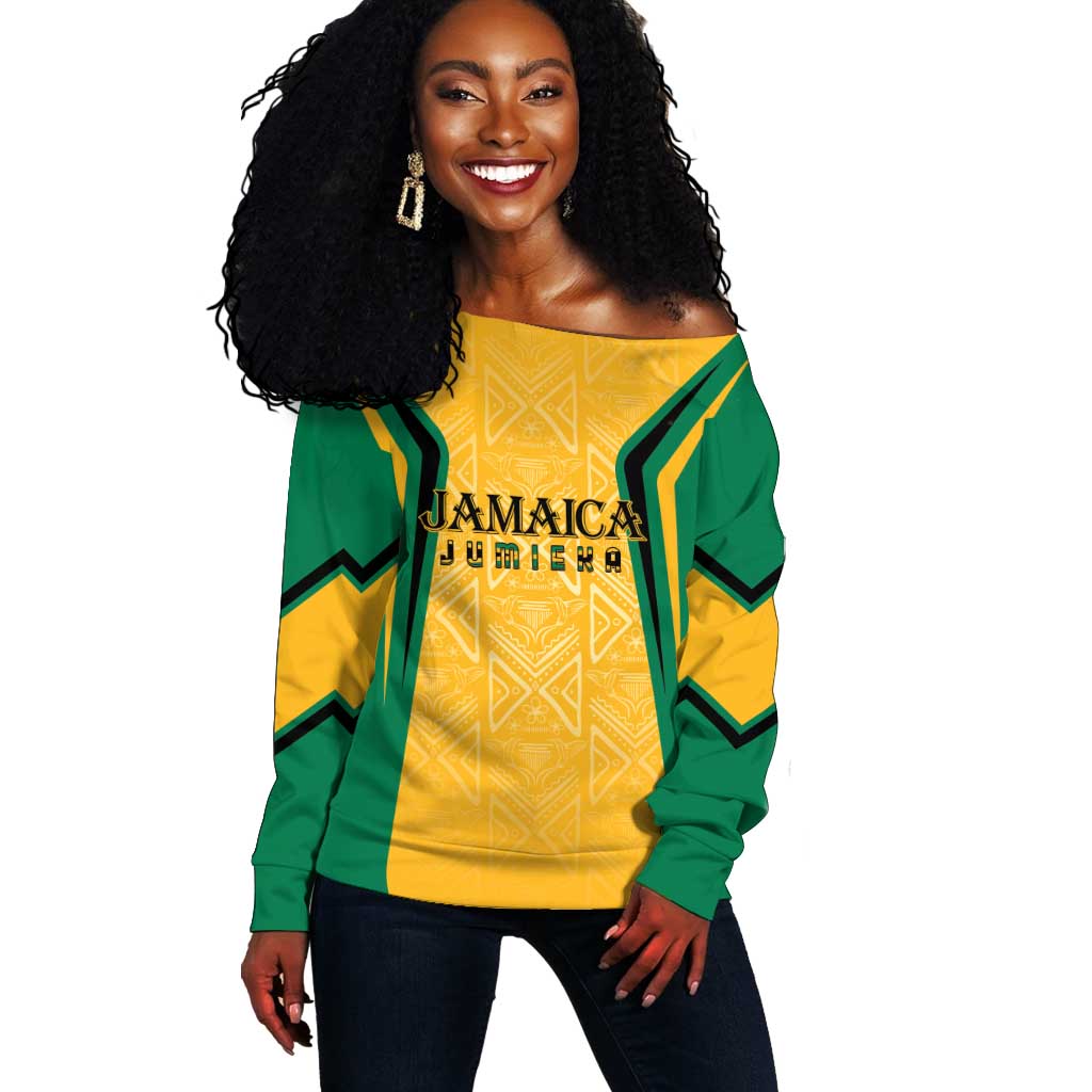 Afro-Jamaica Custom Off Shoulder Sweater Golden Ethnic Motifs LT7