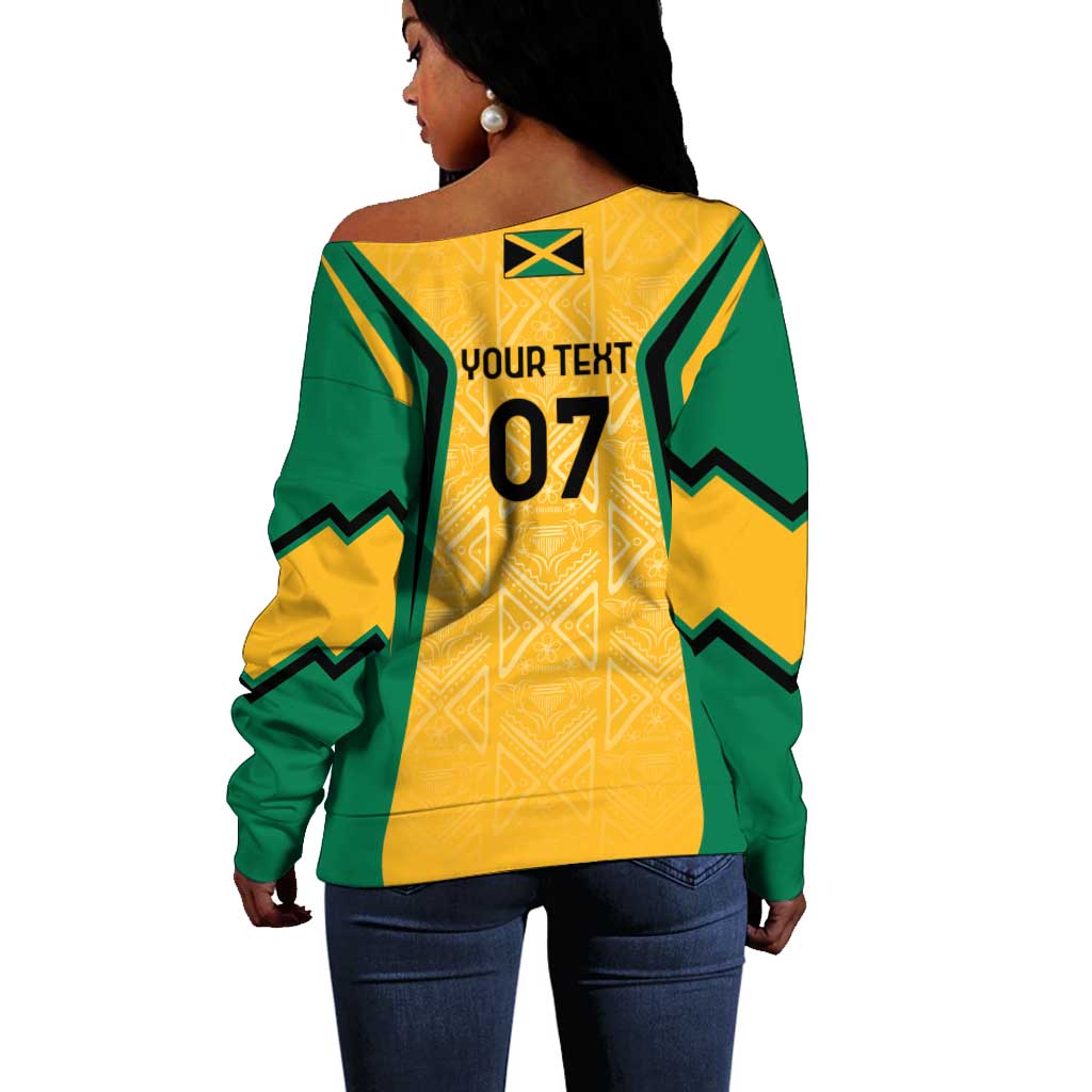 Afro-Jamaica Custom Off Shoulder Sweater Golden Ethnic Motifs LT7