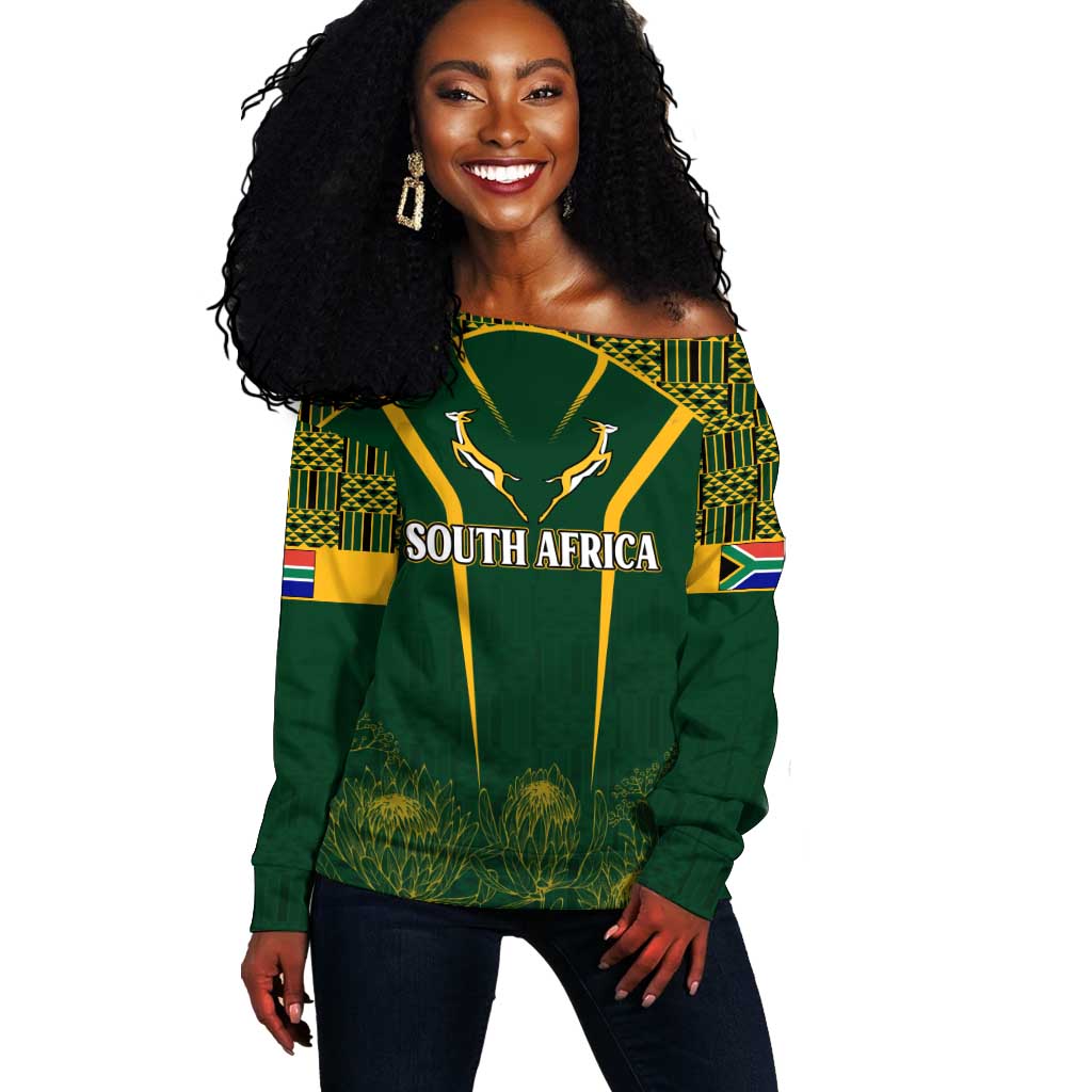 Personalised South African Heritage Day Off Shoulder Sweater Kente Ethnic Patterns Mix Springboks LT7