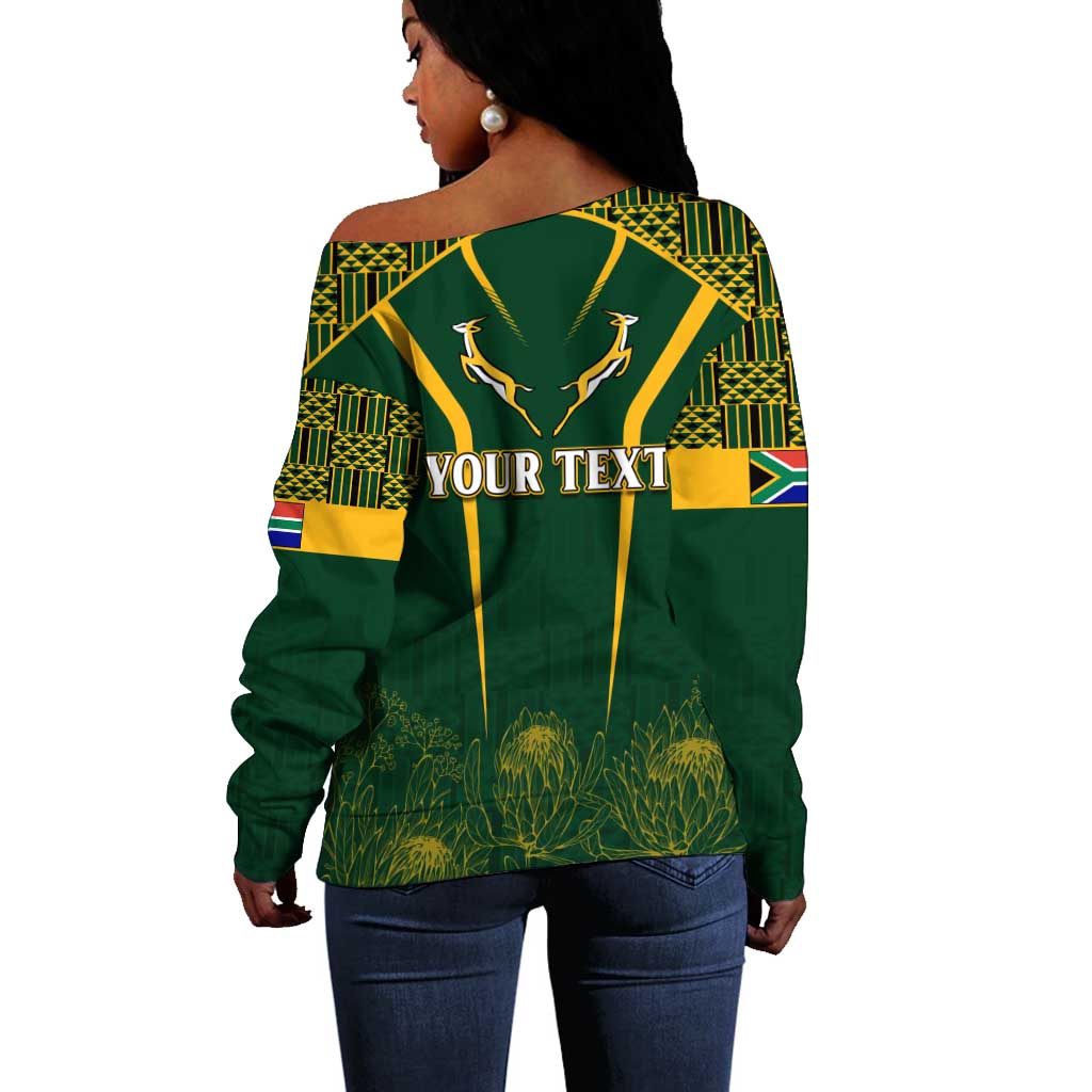 Personalised South African Heritage Day Off Shoulder Sweater Kente Ethnic Patterns Mix Springboks LT7
