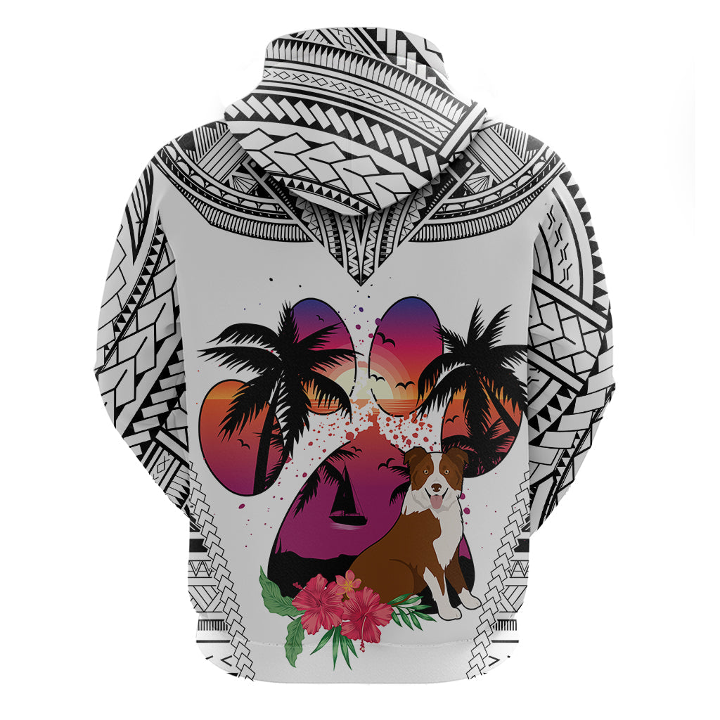 Polynesian Hoodie Dog Lover With Border Collie - Sunset At The Beach White Ver LT7