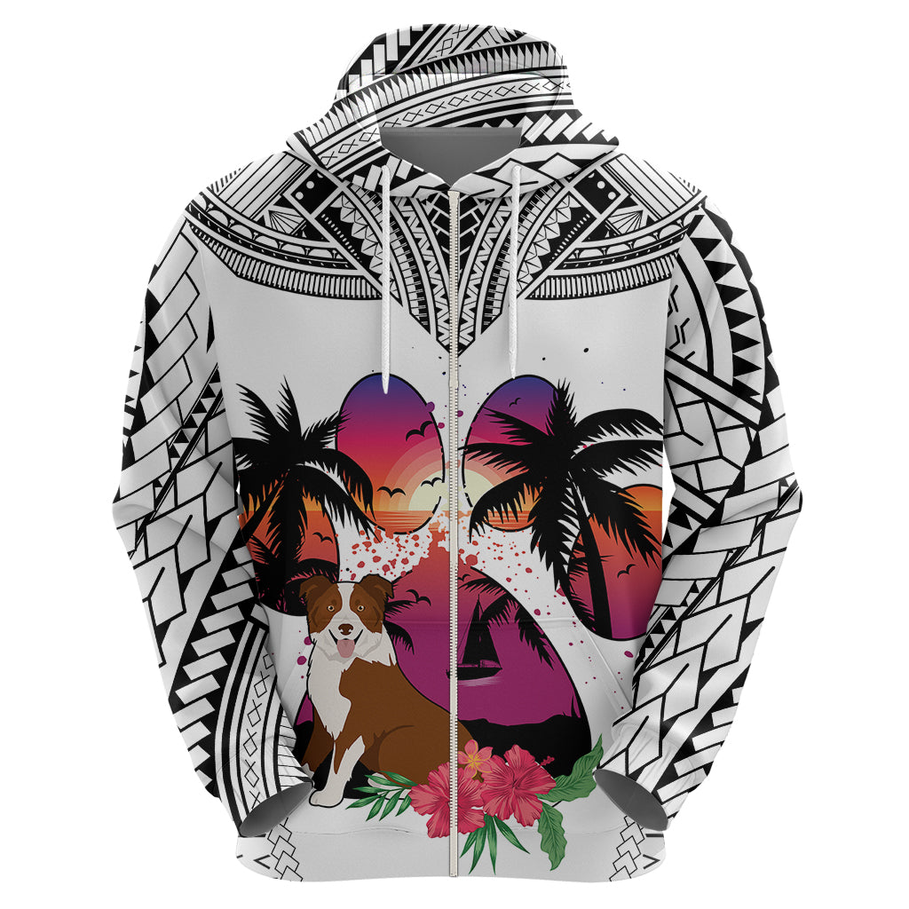 Polynesian Hoodie Dog Lover With Border Collie - Sunset At The Beach White Ver LT7