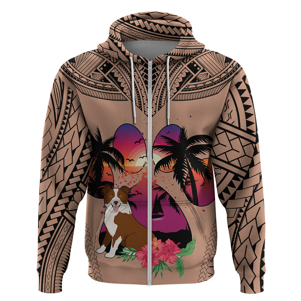 Polynesian Hoodie Dog Lover With Border Collie - Sunset At The Beach Brown Ver LT7