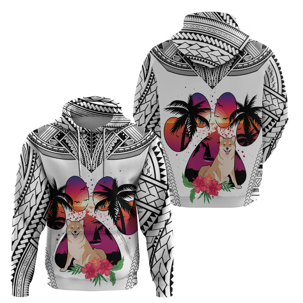 Polynesian Hoodie Dog Lover With Shiba Inu - Sunset At The Beach White Ver LT7