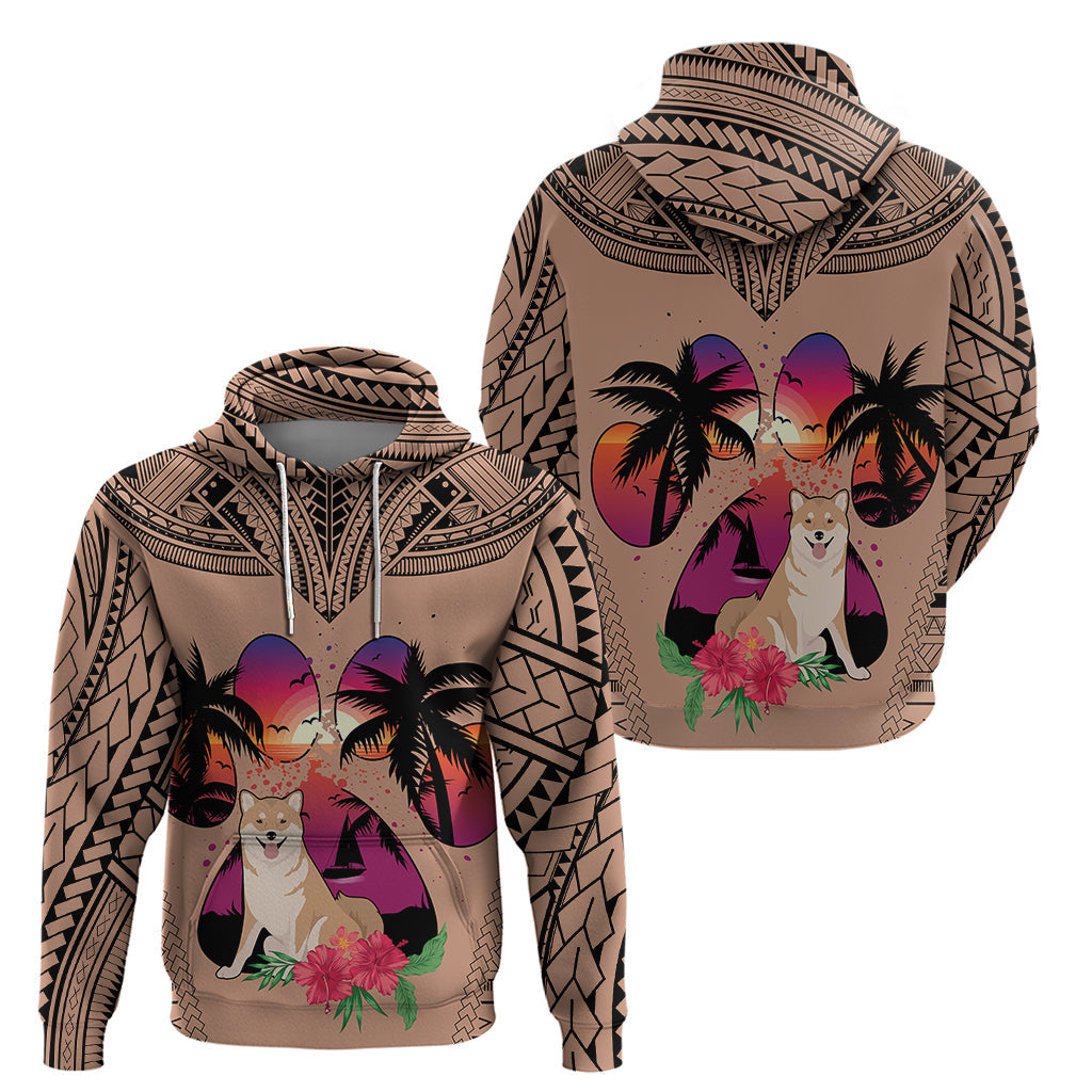 Polynesian Hoodie Dog Lover With Shiba Inu - Sunset At The Beach Brown Ver LT7