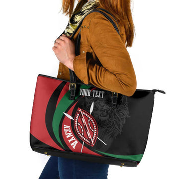 Kenya Mashujaa Day Personalized Leather Tote Bag Lion Warrior with Masai Shield LT7
