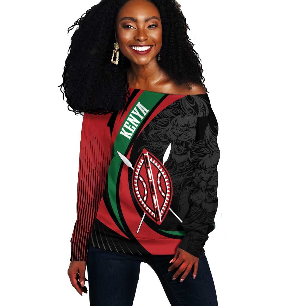 Kenya Personalized Off Shoulder Sweater Mashujaa Day Lion Warrior LT7