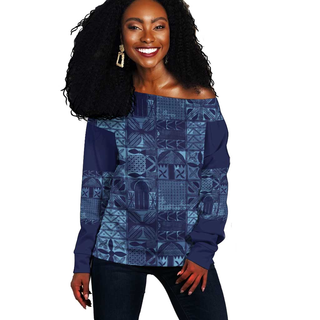 Yoruba Adire Eleko Patterns Off Shoulder Sweater Indigo Vintage LT7