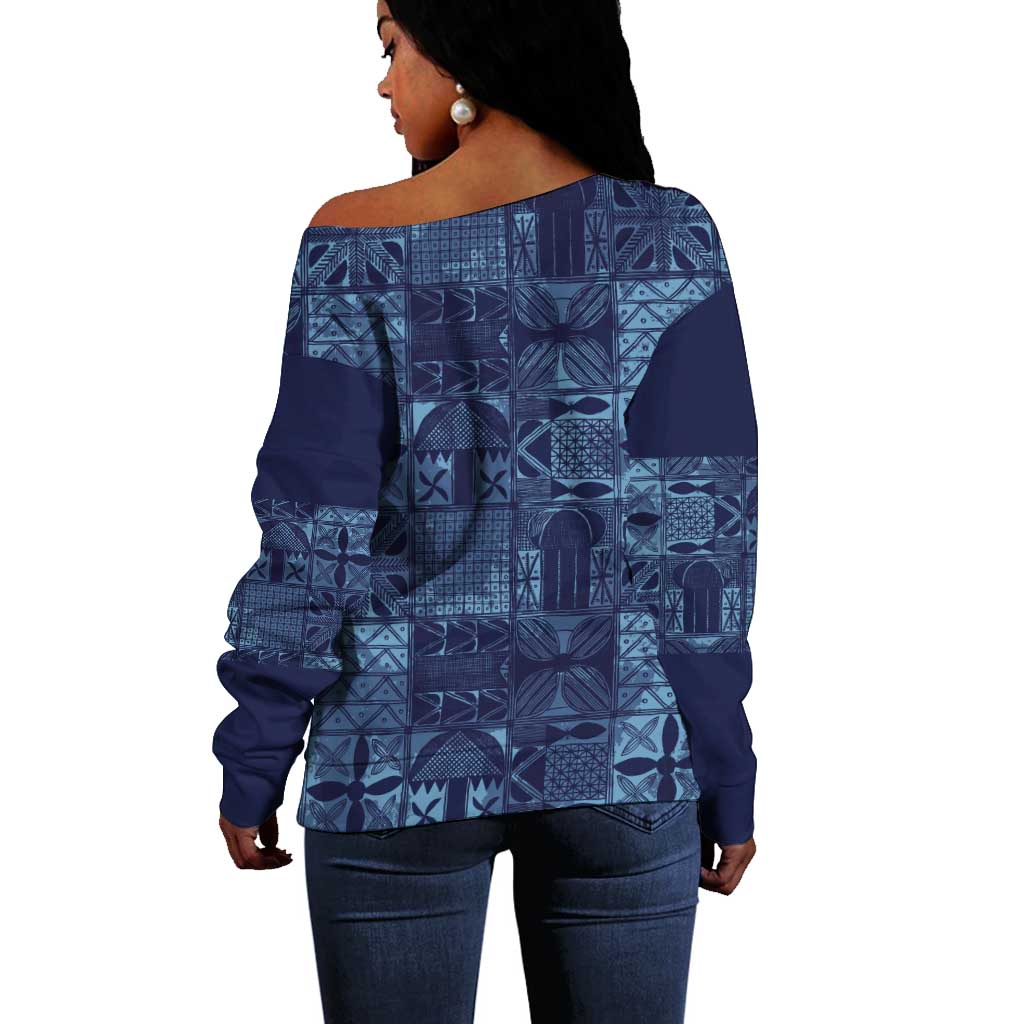 Yoruba Adire Eleko Patterns Off Shoulder Sweater Indigo Vintage LT7
