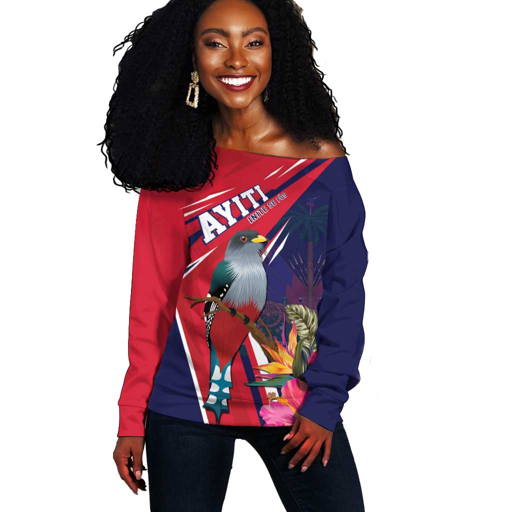 Haiti Personalized Off Shoulder Sweater Hispaniolan Trogon Tropical Vibes LT7
