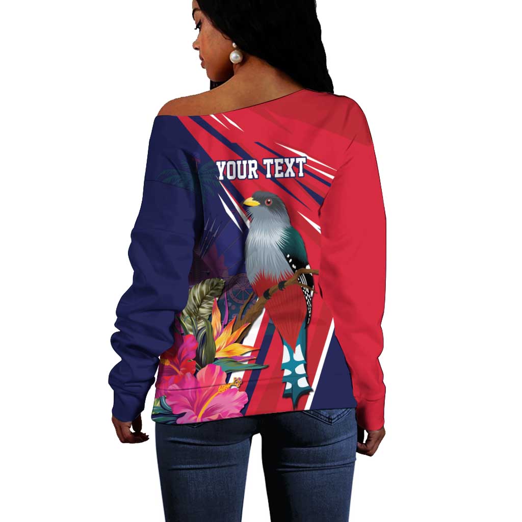Haiti Personalized Off Shoulder Sweater Hispaniolan Trogon Tropical Vibes LT7