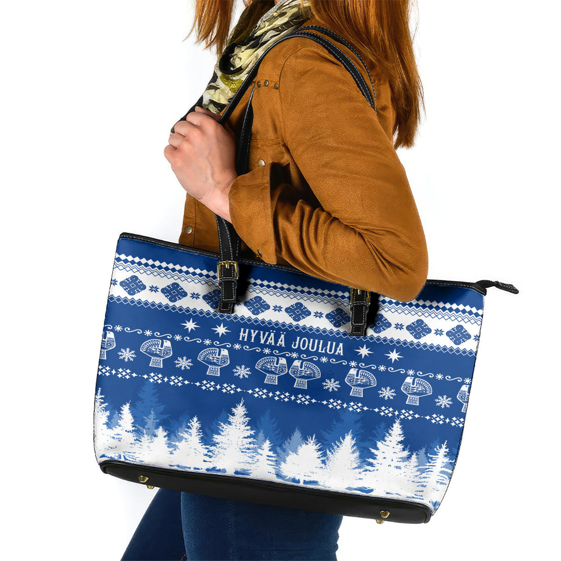 Finland Christmas Hannunvaakuna Tattoo Leather Tote Bag Hyvaa Joulua - Flag Color LT7